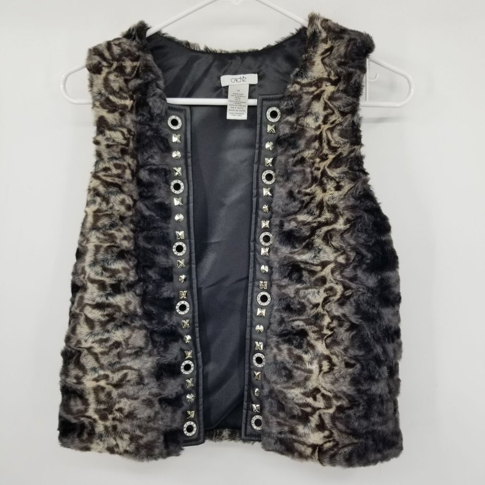 Cache Faux Fur Leather Trim‎ Women's Open Front Rhinestone Grommet Vest XS